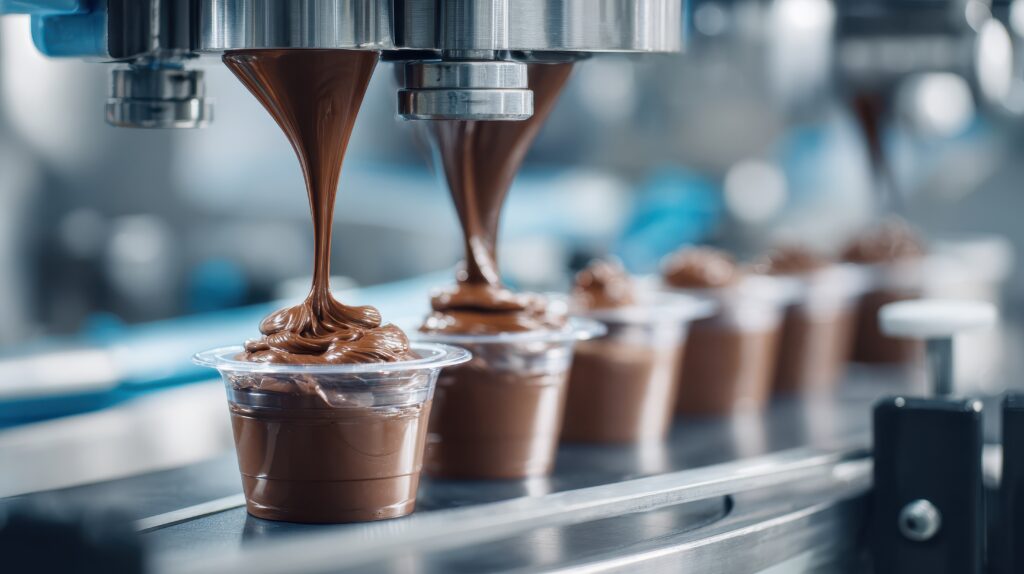 Chocolate pudding production line pouring creamy mousse into clear cups at automated factory in food processing and manufacturing industry
