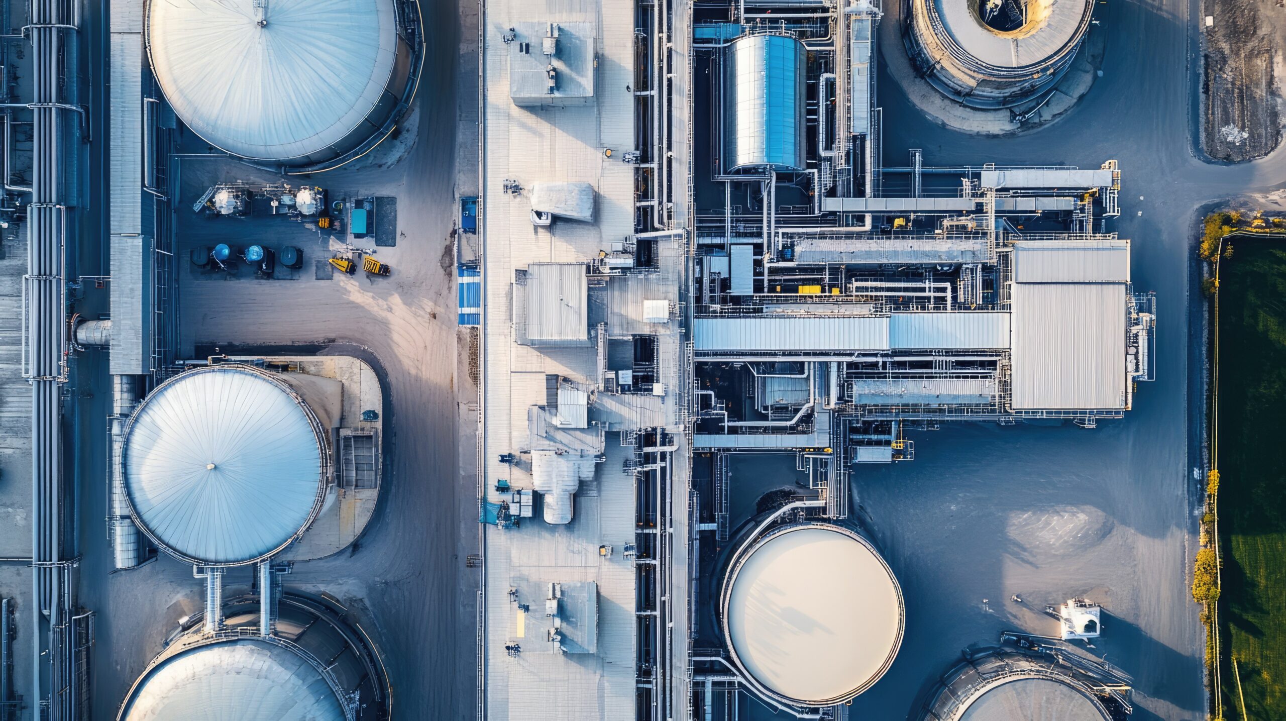 Aerial view of a large dairy processing facility, no people, and ample text space